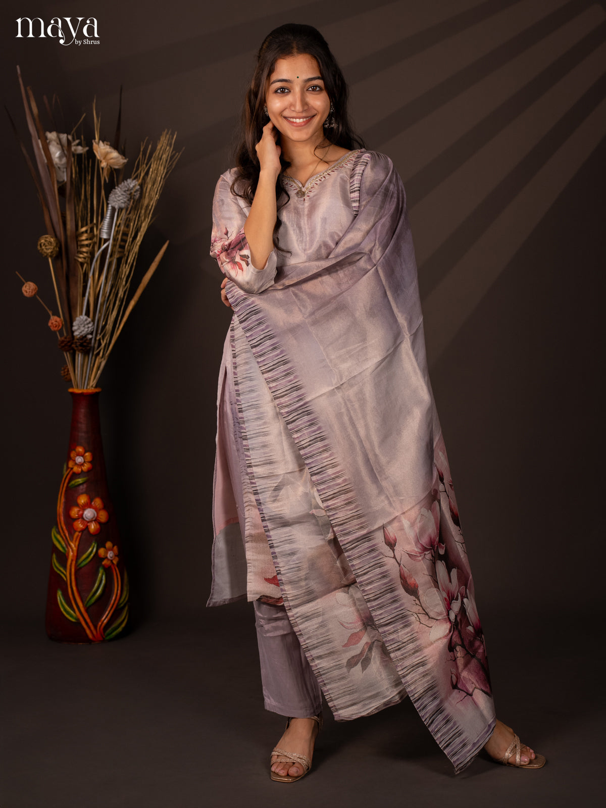 Lavender Chanderi 3Pc Salwar Suit with Floral Print - Top, Bottom & Dupatta