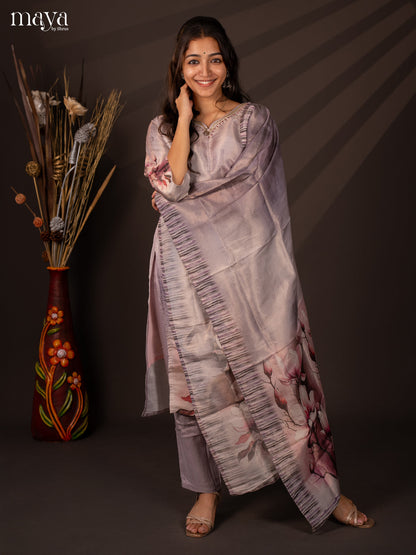 Lavender Chanderi 3Pc Salwar Suit with Floral Print - Top, Bottom & Dupatta