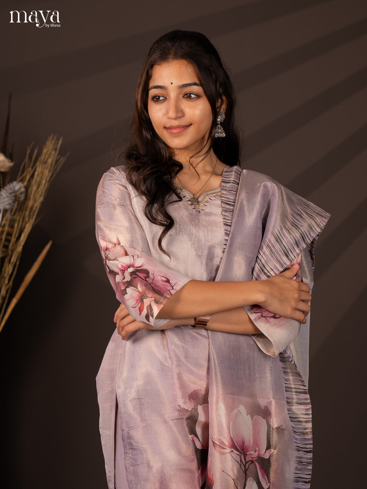 Lavender Chanderi 3Pc Salwar Suit with Floral Print - Top, Bottom & Dupatta