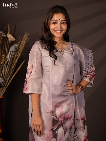 Lavender Chanderi 3Pc Salwar Suit with Floral Print - Top, Bottom & Dupatta