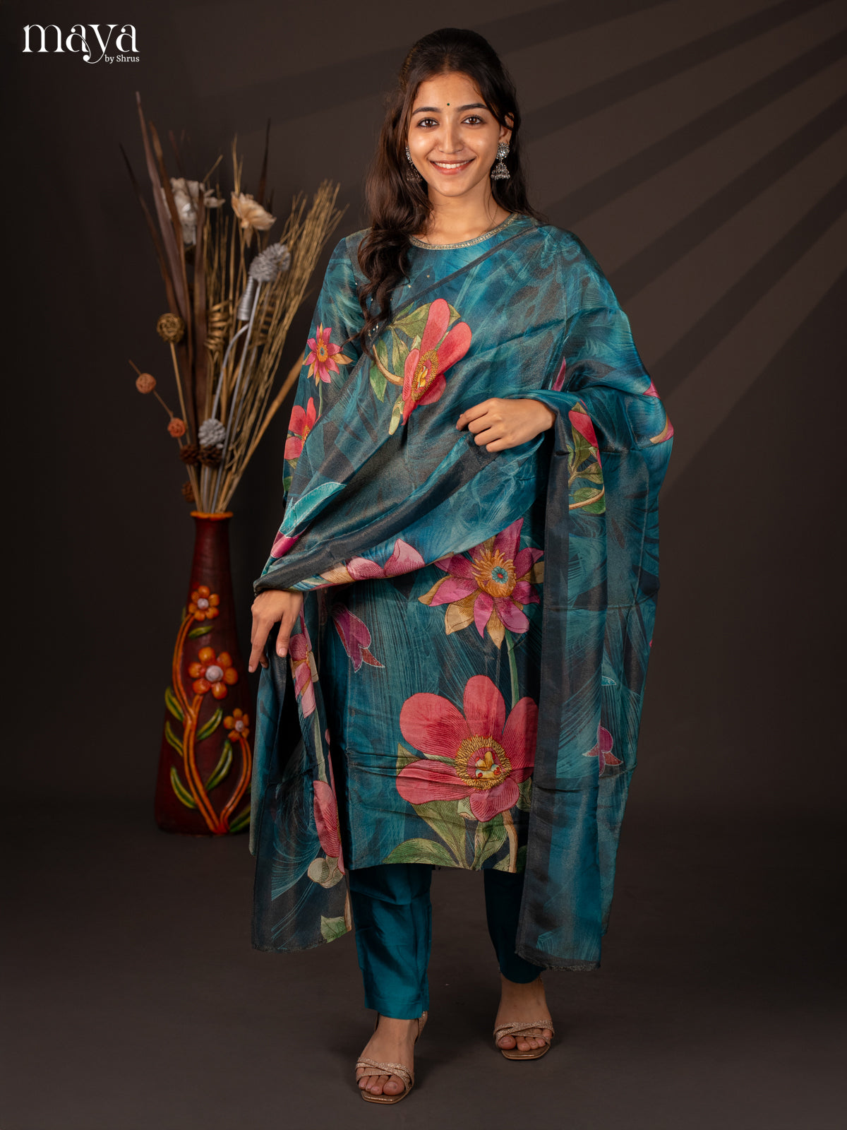 Blue Semi organza 3Pc Salwar Suit with Floral Print - Top, Bottom & Dupatta