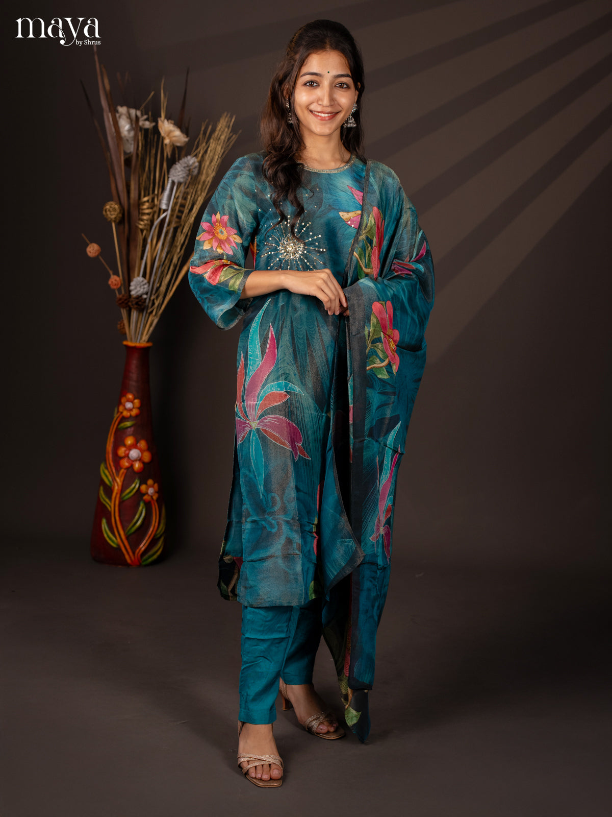 Blue Semi organza 3Pc Salwar Suit with Floral Print - Top, Bottom & Dupatta