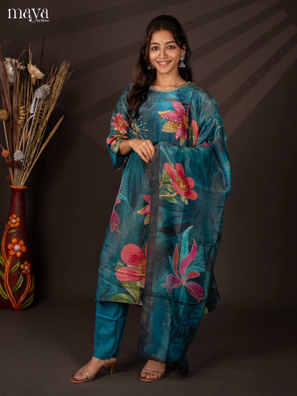 Blue Semi organza 3Pc Salwar Suit with Floral Print - Top, Bottom & Dupatta