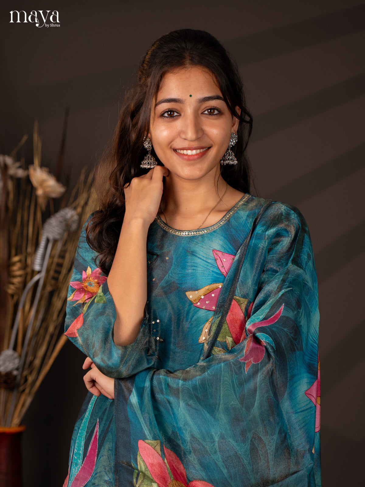 Blue Semi organza 3Pc Salwar Suit with Floral Print - Top, Bottom & Dupatta