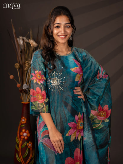 Blue Semi organza 3Pc Salwar Suit with Floral Print - Top, Bottom & Dupatta
