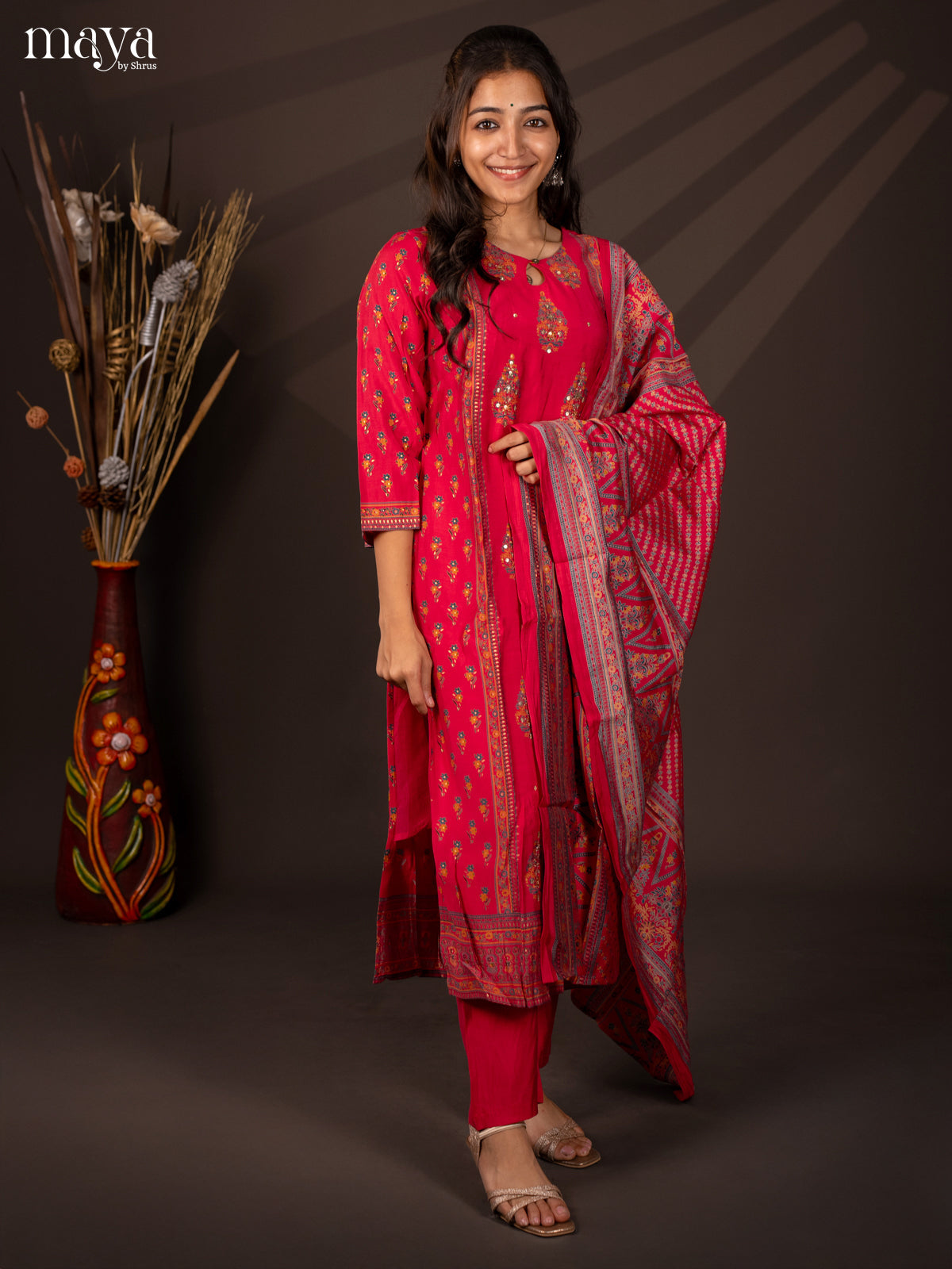 Pink Rayon 3Pc Salwar Suit with Floral Print - Top, Bottom & Dupatta