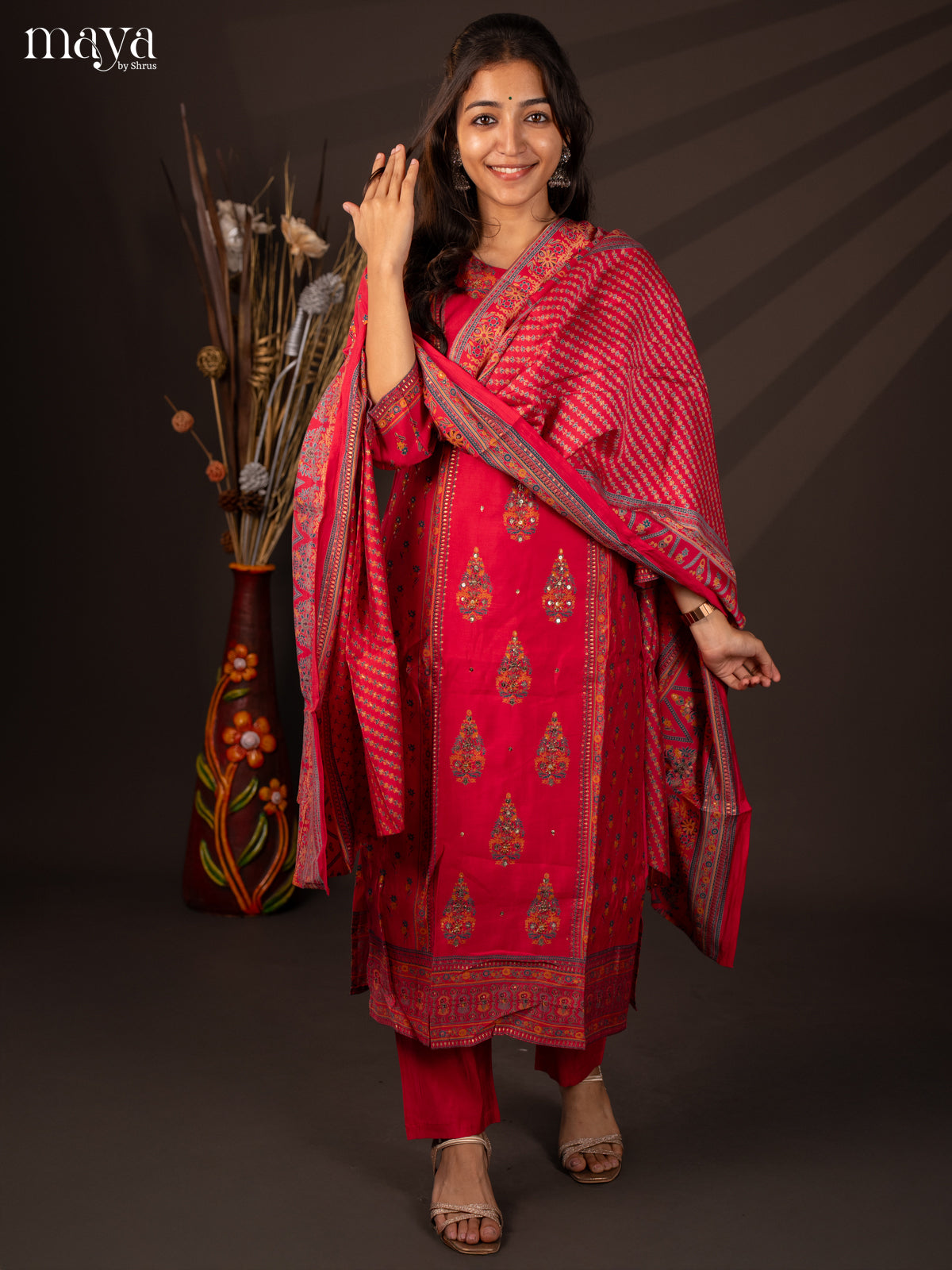 Pink Rayon 3Pc Salwar Suit with Floral Print - Top, Bottom & Dupatta
