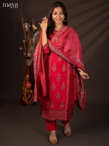 Pink Rayon 3Pc Salwar Suit with Floral Print - Top, Bottom & Dupatta