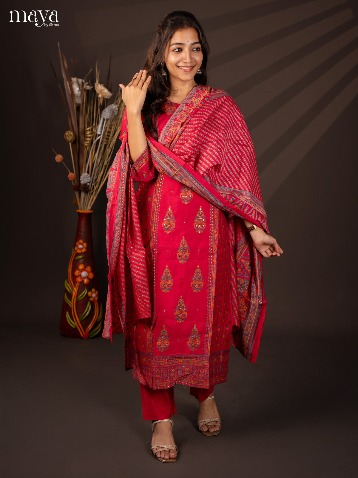 Pink Rayon 3Pc Salwar Suit with Floral Print - Top, Bottom & Dupatta