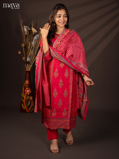 Pink Rayon 3Pc Salwar Suit with Floral Print - Top, Bottom & Dupatta