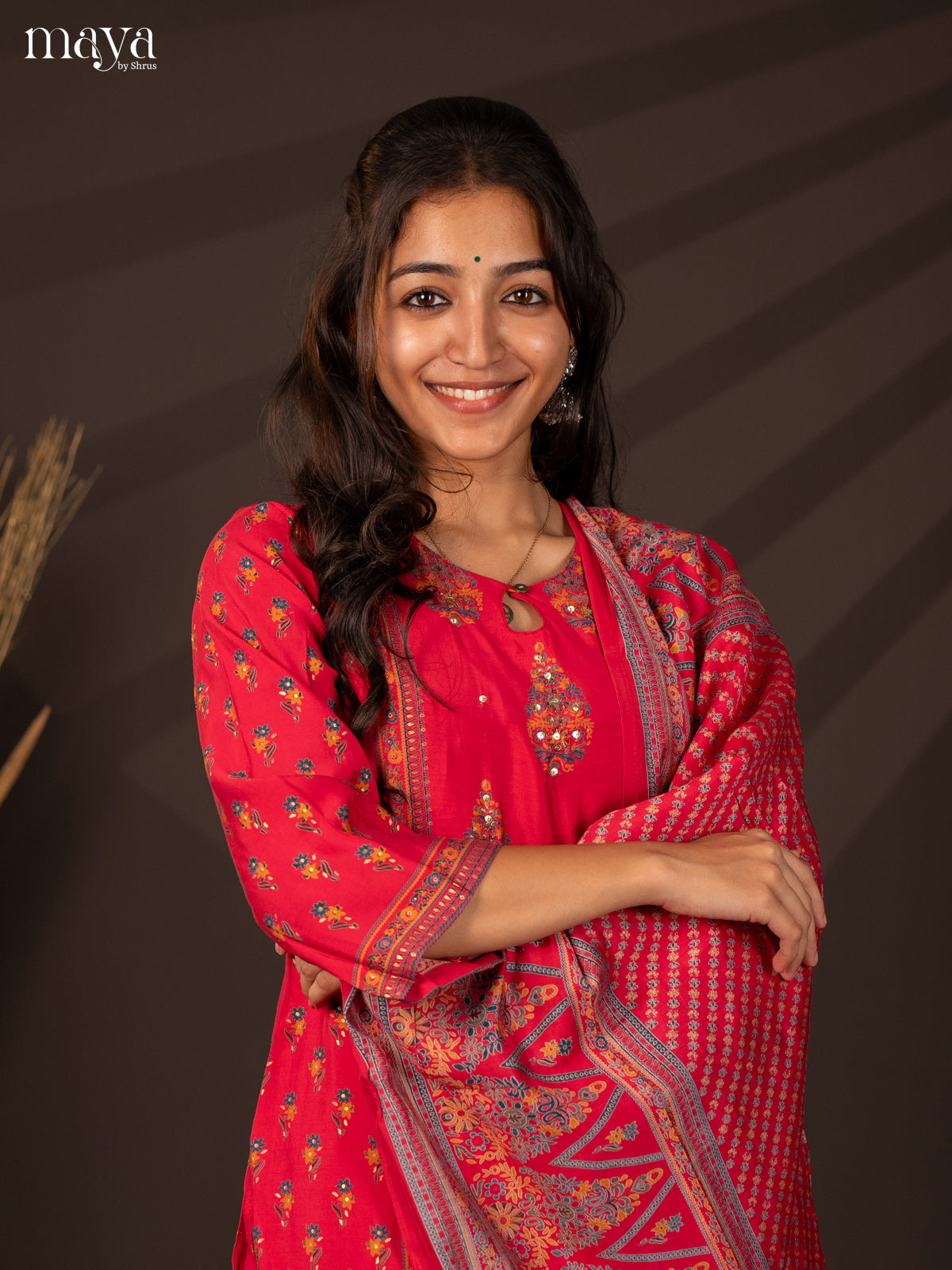 Pink Rayon 3Pc Salwar Suit with Floral Print - Top, Bottom & Dupatta - Shop on Shrus.com