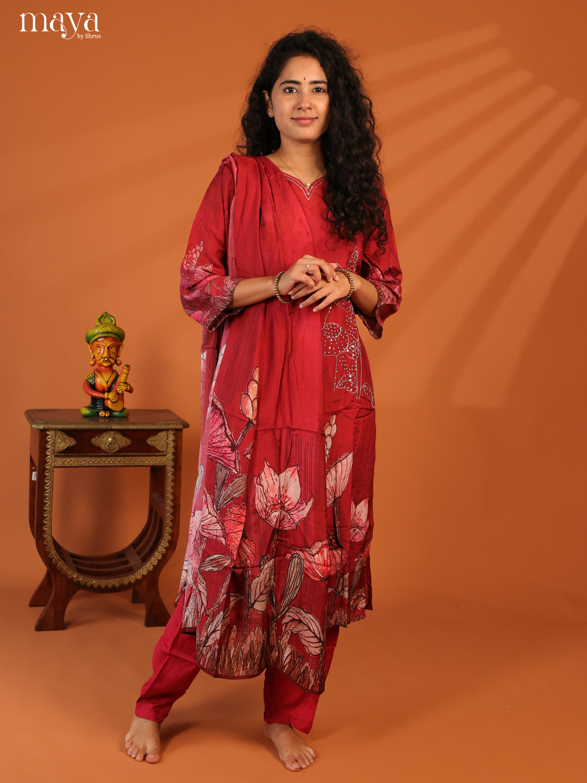 Red Rayon 3Pc Salwar Suit with Floral Print - Top, Bottom & Dupatta