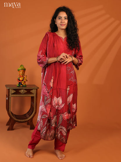 Red Rayon 3Pc Salwar Suit with Floral Print - Top, Bottom & Dupatta