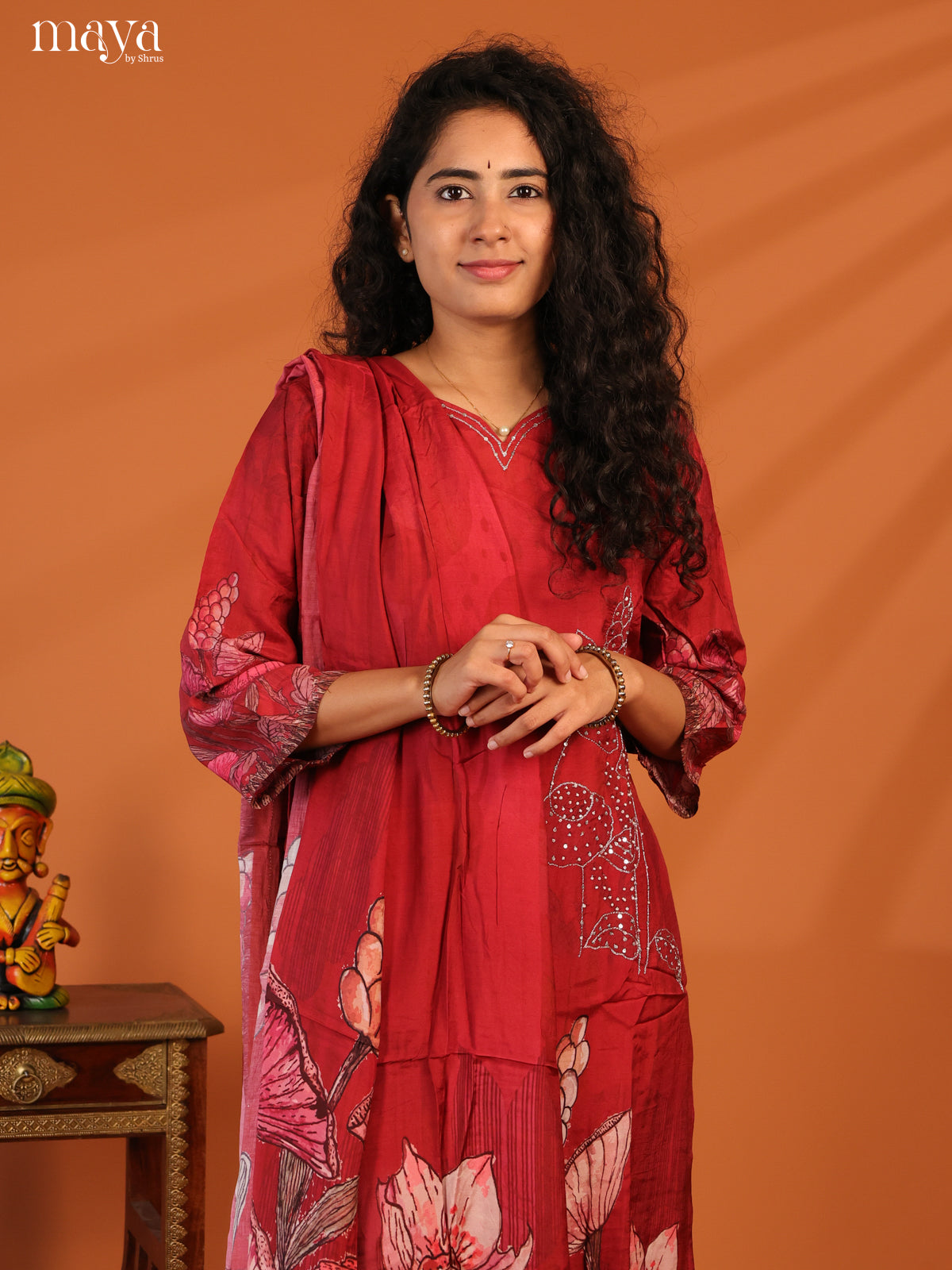 Red Rayon 3Pc Salwar Suit with Floral Print - Top, Bottom & Dupatta