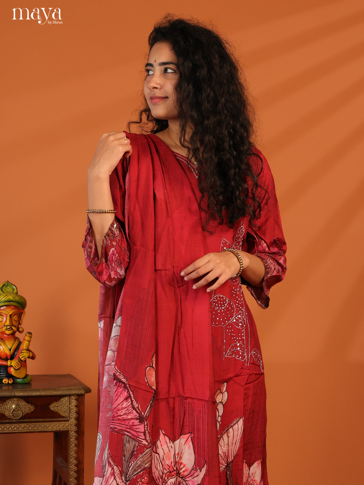 Red Rayon 3Pc Salwar Suit with Floral Print - Top, Bottom & Dupatta