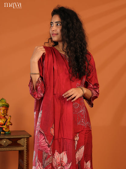 Red Rayon 3Pc Salwar Suit with Floral Print - Top, Bottom & Dupatta