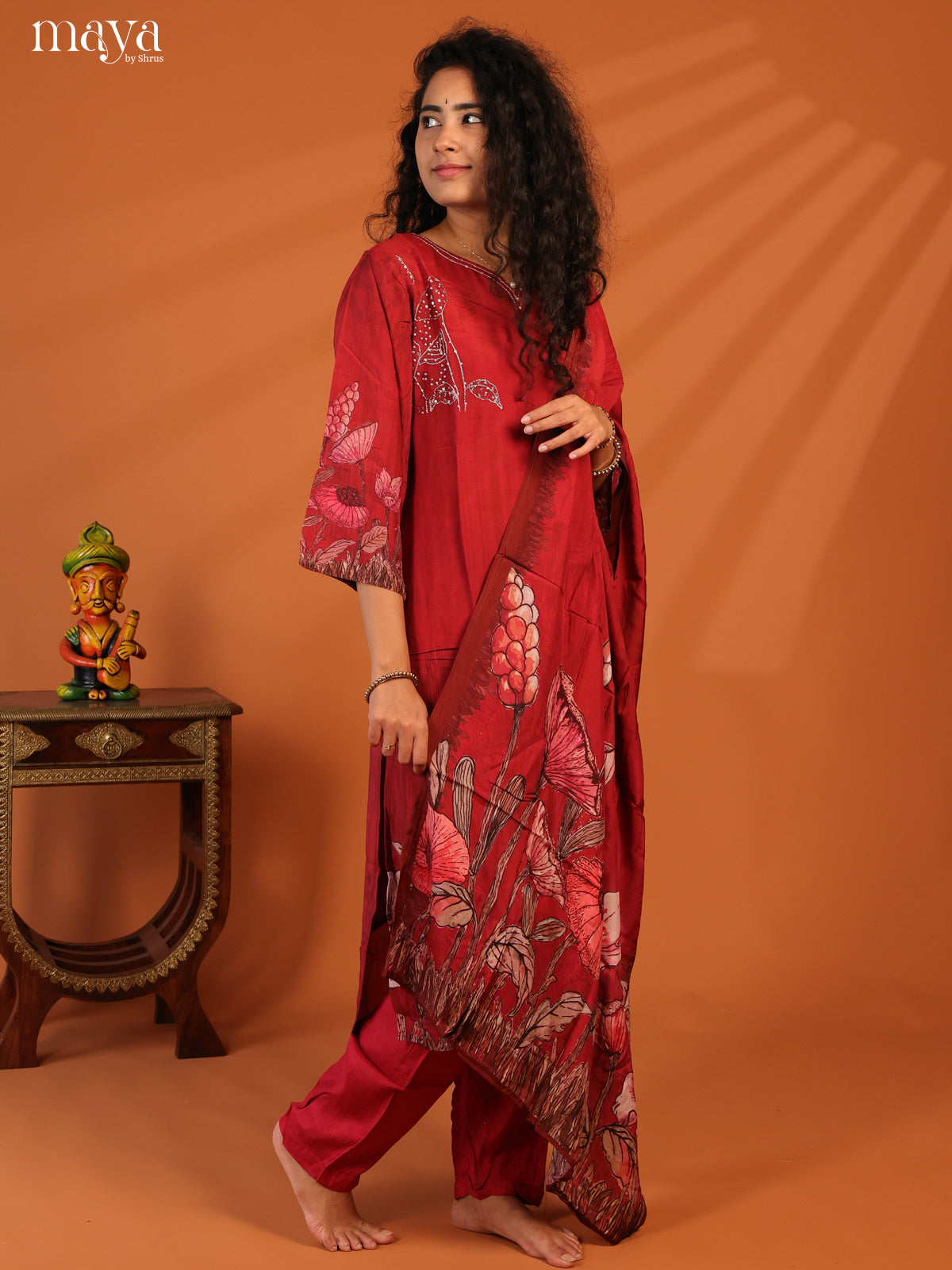 Red Rayon 3Pc Salwar Suit with Floral Print - Top, Bottom & Dupatta
