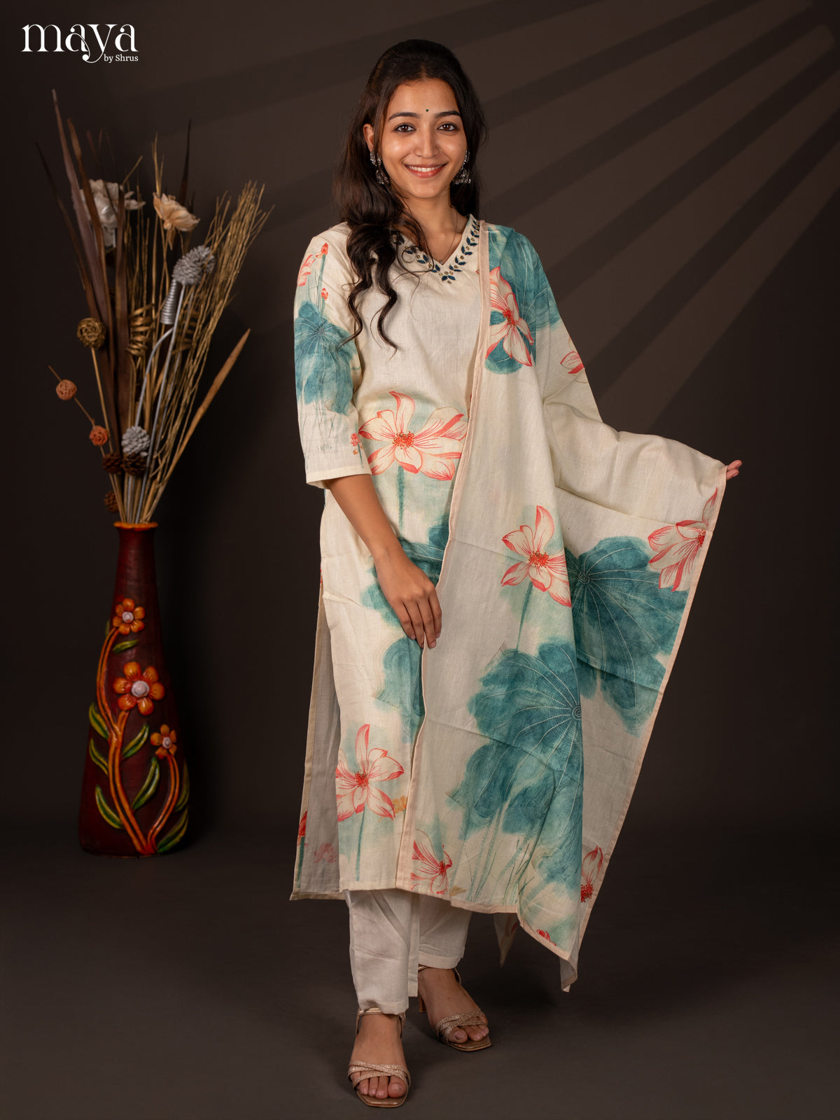 Cream Cotton 3Pc Salwar Suit With Floral Print - Top , Bottom & Dupatta