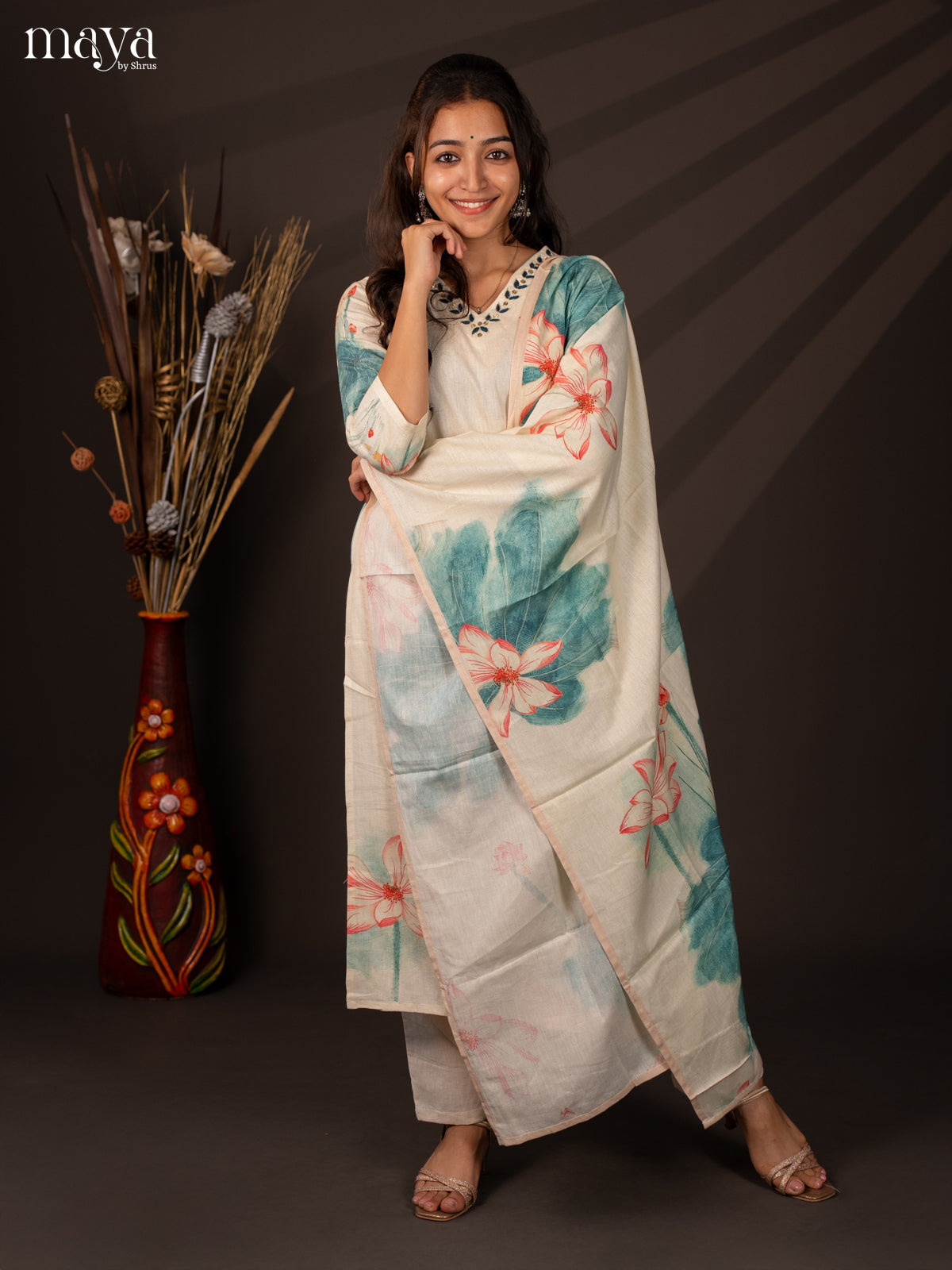 Cream Cotton 3Pc Salwar Suit With Floral Print - Top , Bottom & Dupatta