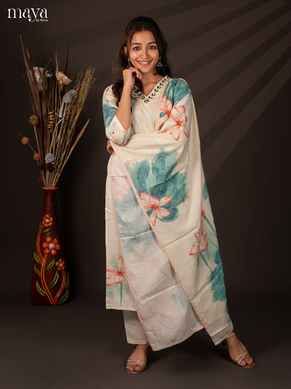 Cream Cotton 3Pc Salwar Suit With Floral Print - Top , Bottom & Dupatta