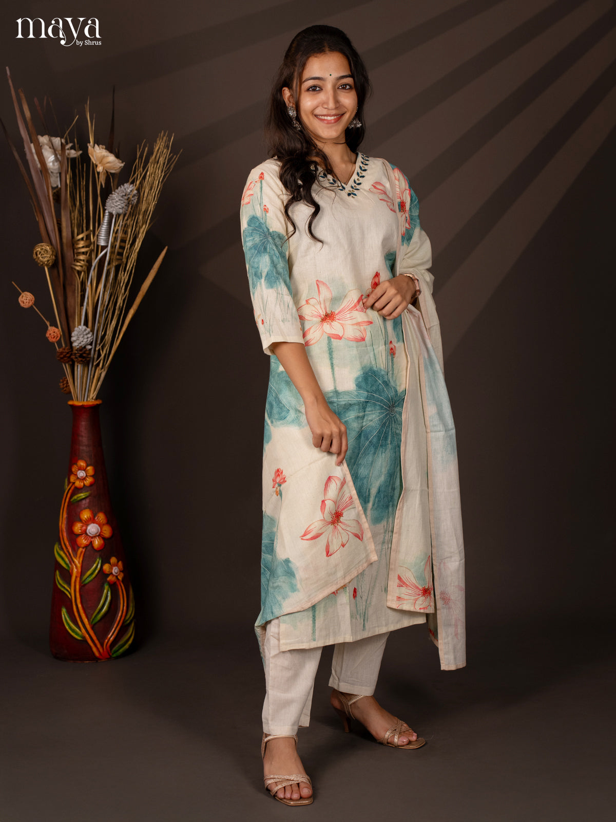 Cream Cotton 3Pc Salwar Suit With Floral Print - Top , Bottom & Dupatta