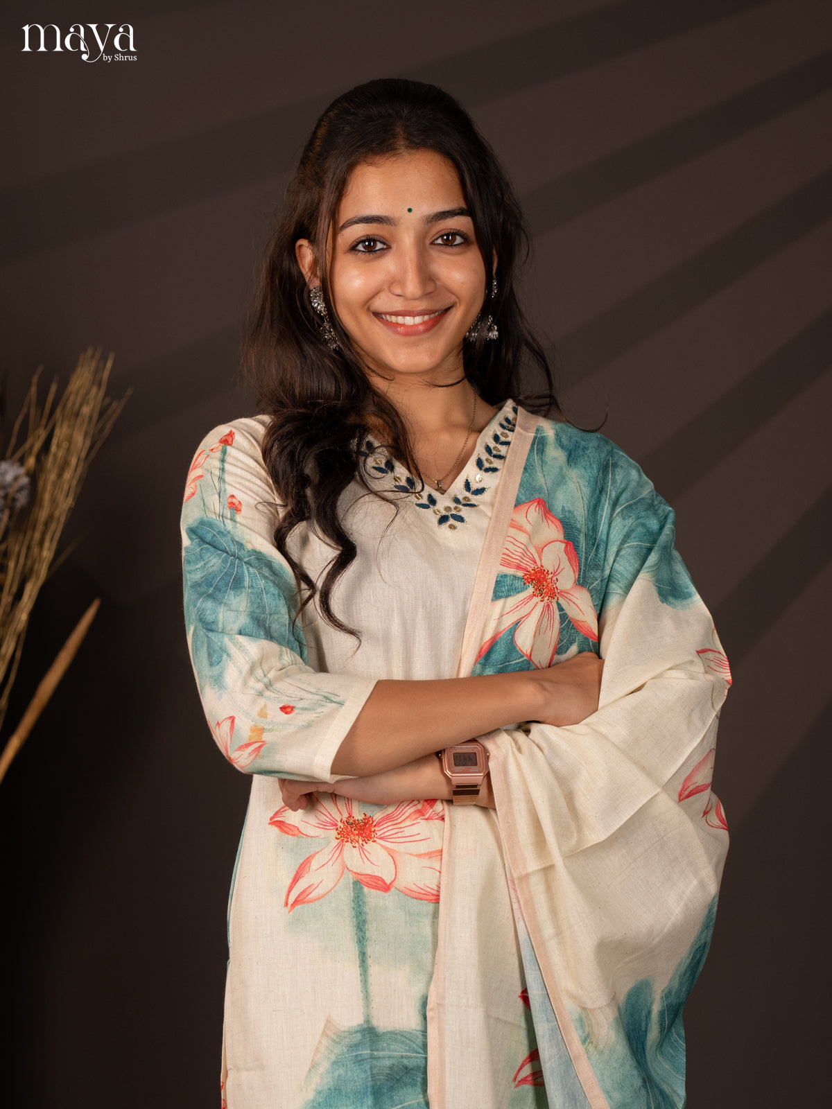 Cream Cotton 3Pc Salwar Suit With Floral Print - Top , Bottom & Dupatta