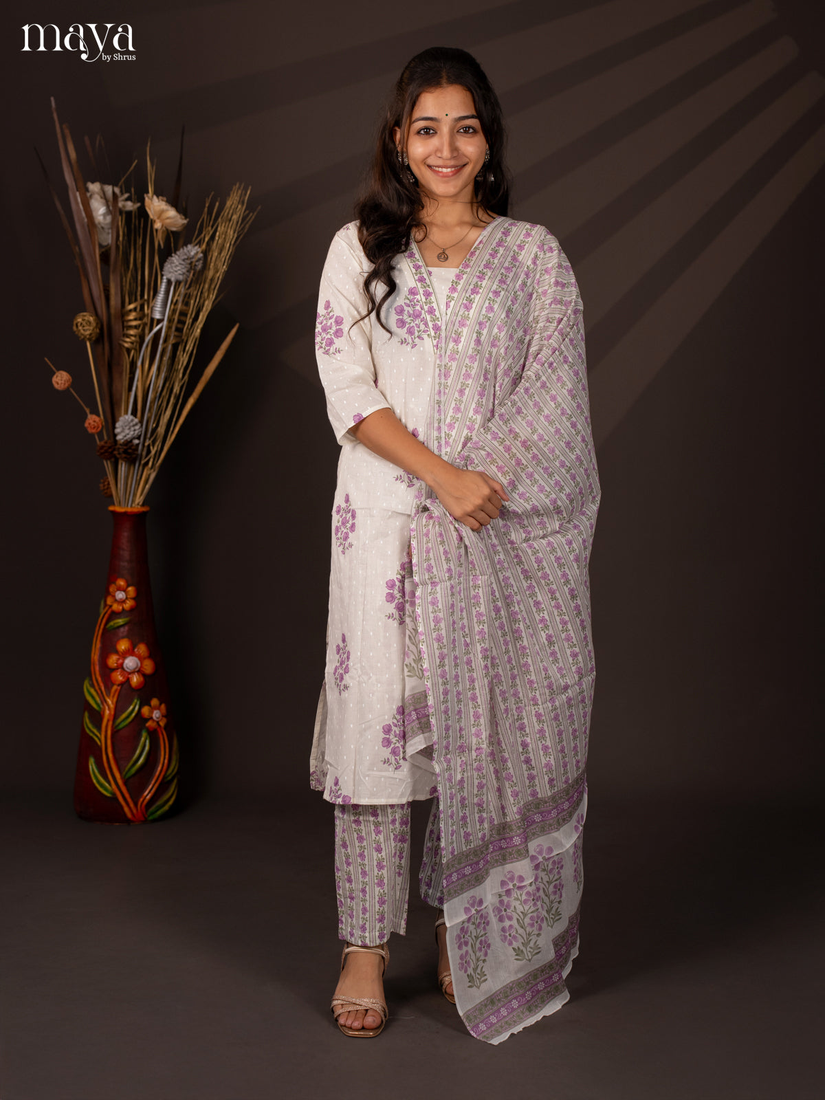 Cream Cotton 3Pc Salwar Suit With Floral Print - Top , Bottom & Dupatta