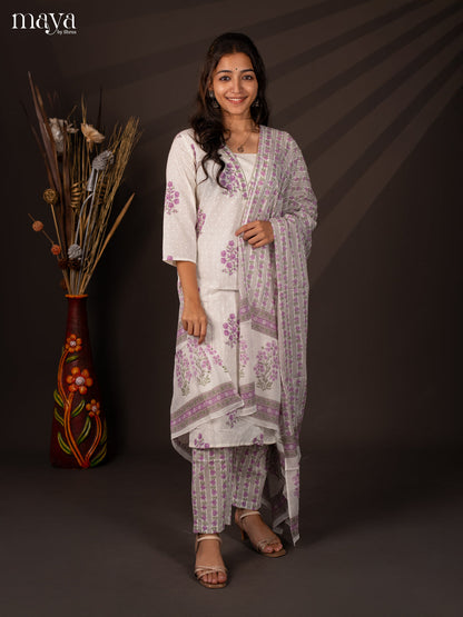 Cream Cotton 3Pc Salwar Suit With Floral Print - Top , Bottom & Dupatta