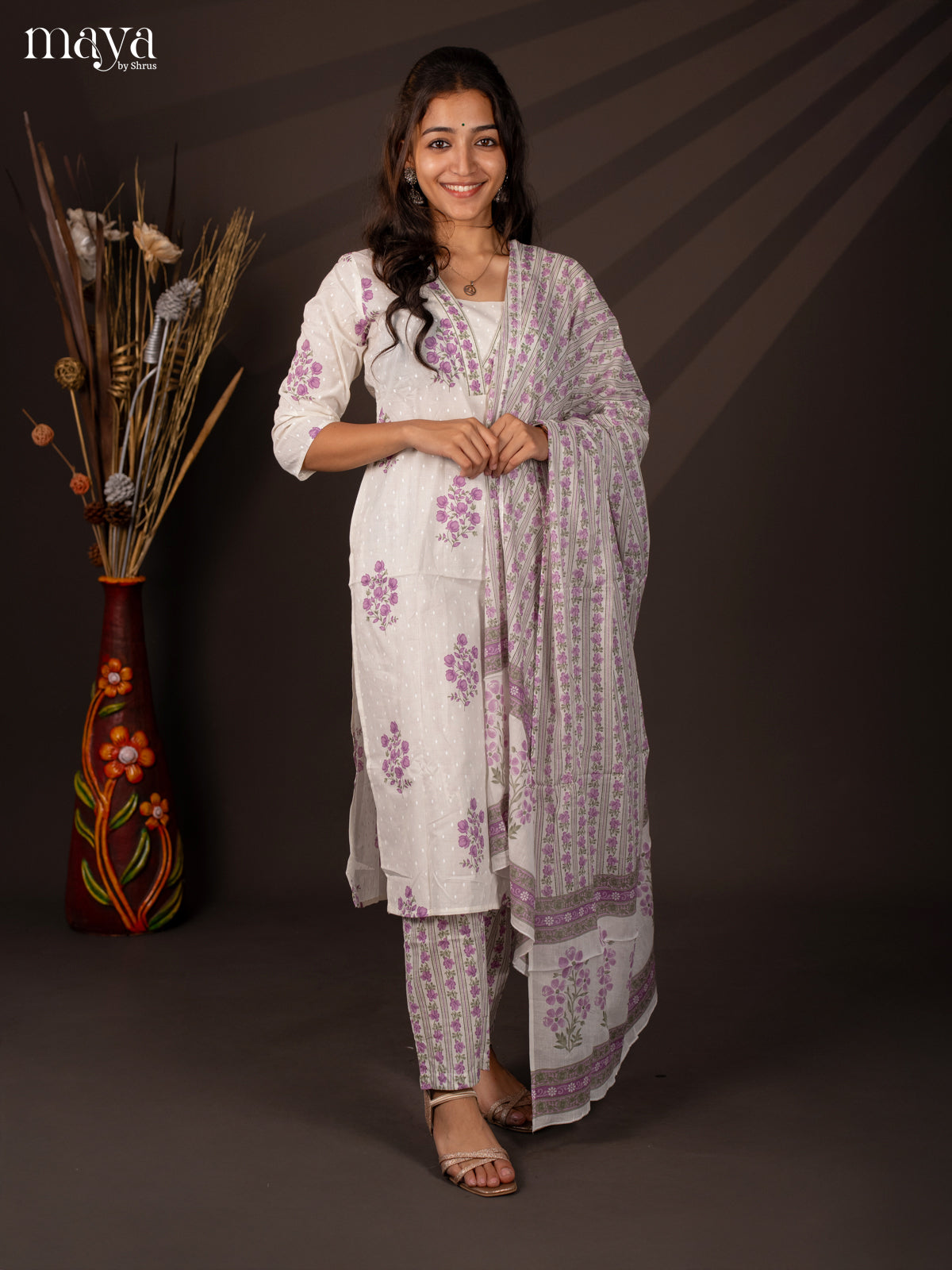 Cream Cotton 3Pc Salwar Suit With Floral Print - Top , Bottom & Dupatta