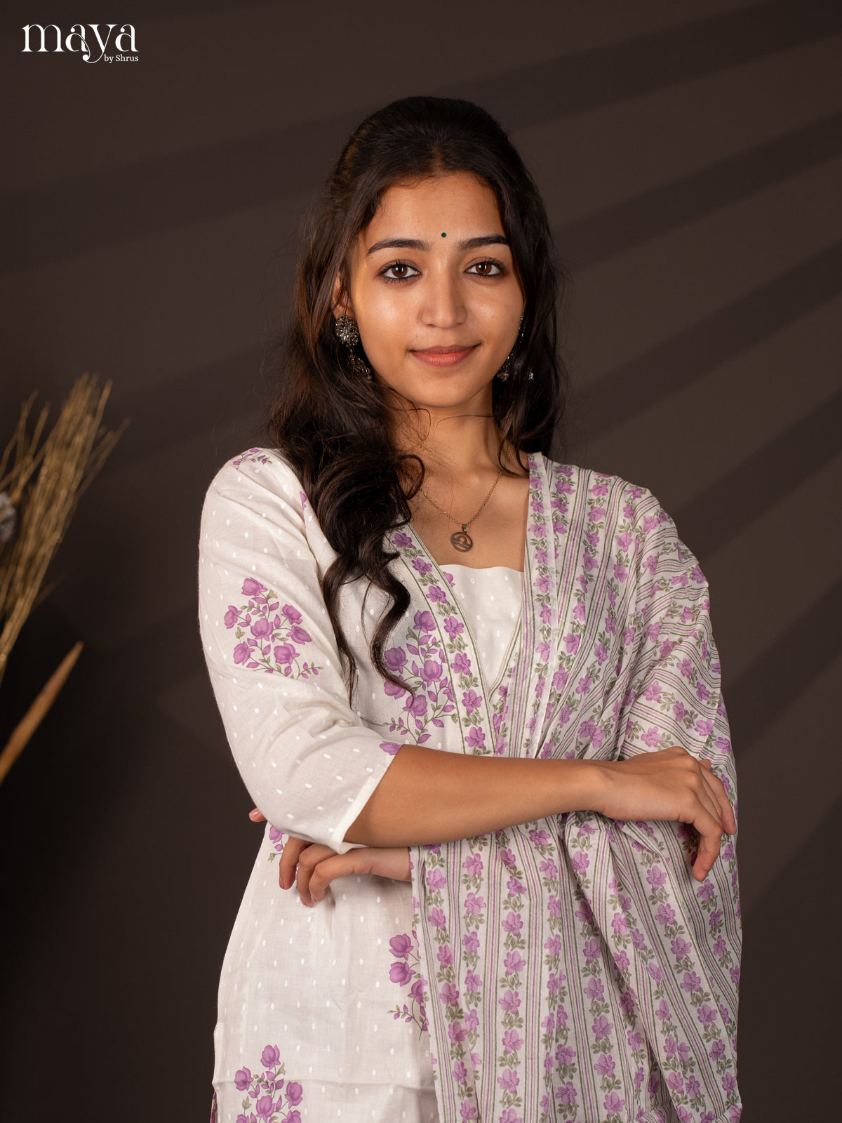 Cream Cotton 3Pc Salwar Suit With Floral Print - Top , Bottom & Dupatta