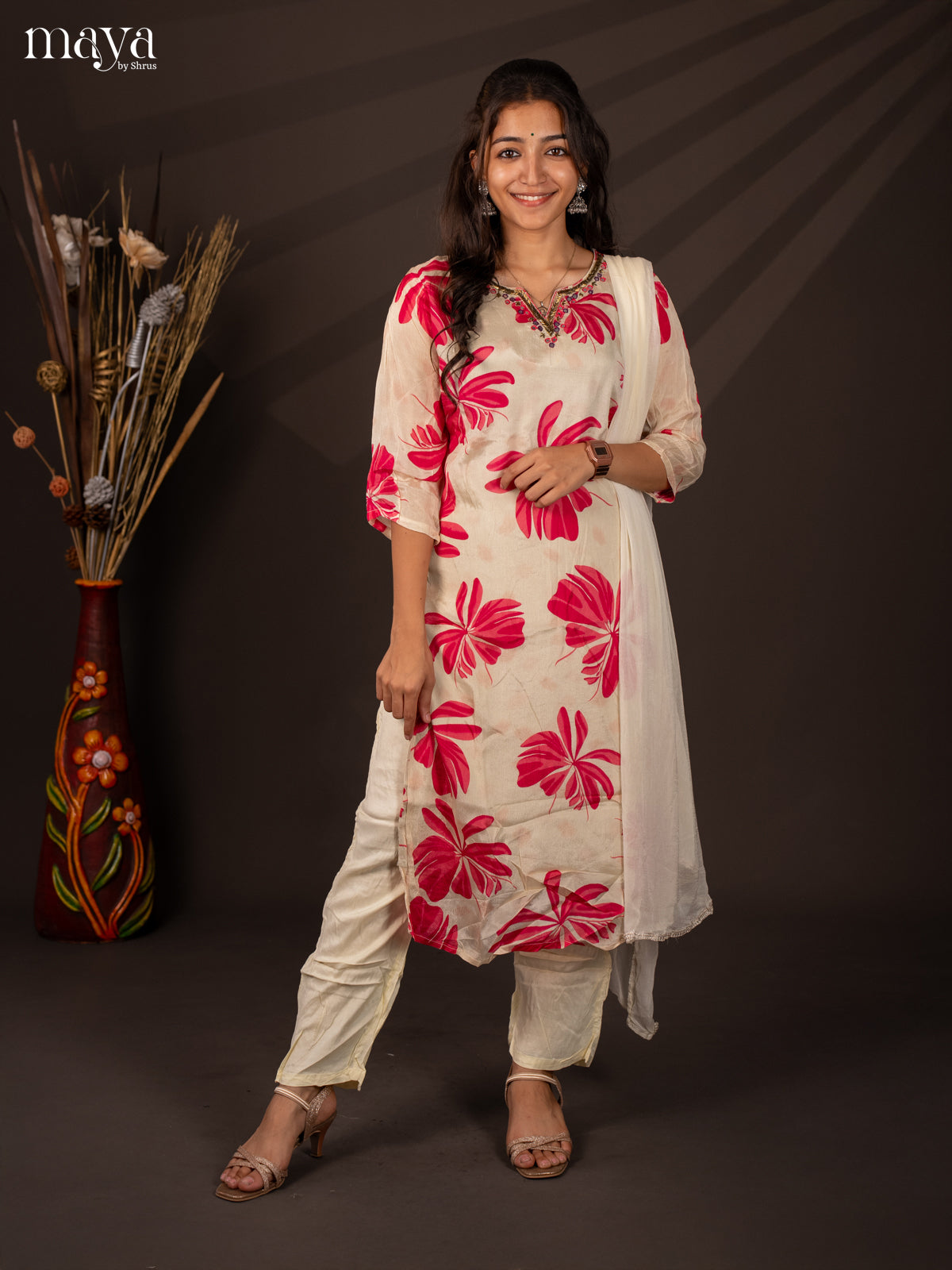 Cream Semi Georgette 3Pc Salwar Suit With Floral Print - Top ,Bottom & Dupatta