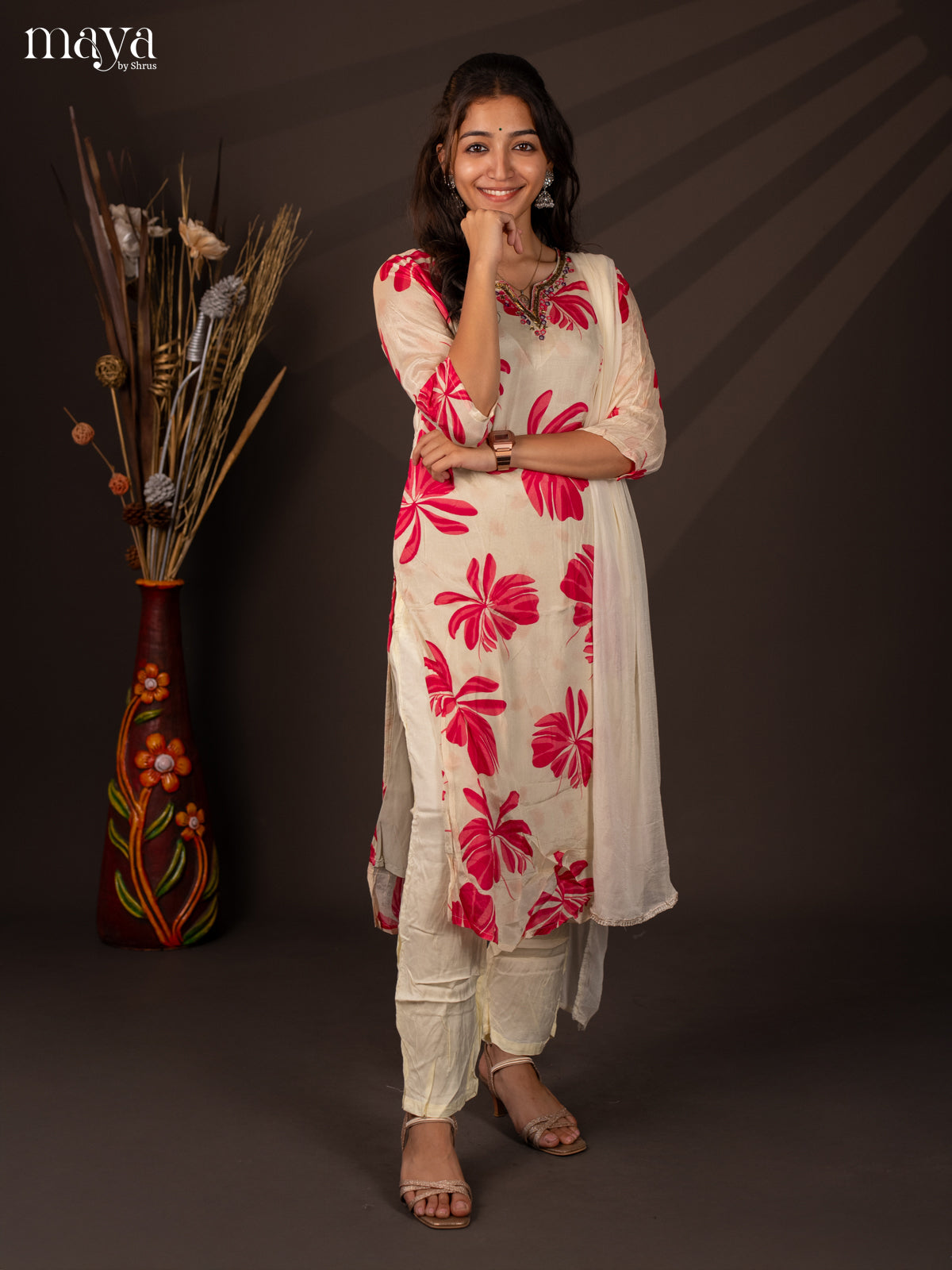 Cream Semi Georgette 3Pc Salwar Suit With Floral Print - Top ,Bottom & Dupatta