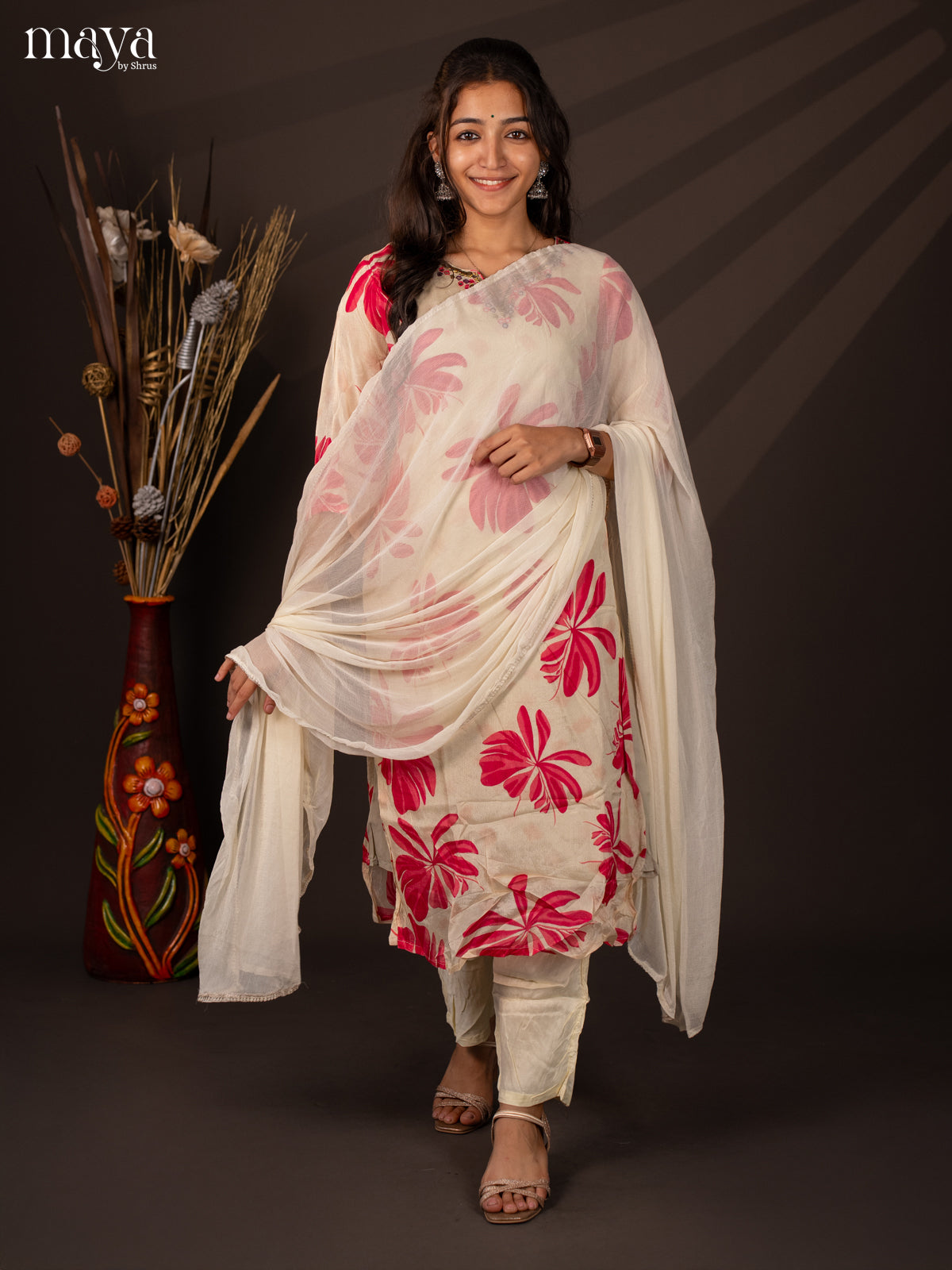 Cream Semi Georgette 3Pc Salwar Suit With Floral Print - Top ,Bottom & Dupatta
