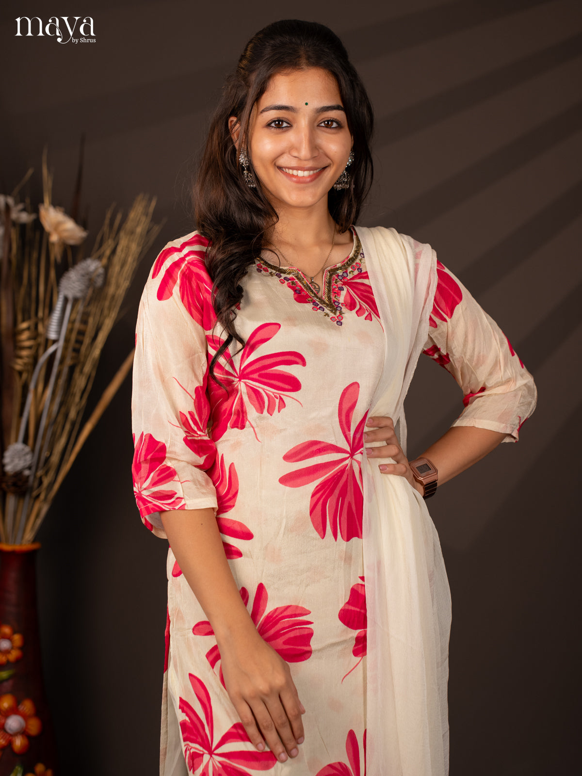 Cream Semi Georgette 3Pc Salwar Suit With Floral Print - Top ,Bottom & Dupatta