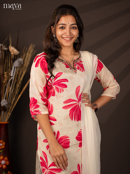 Cream Semi Georgette 3Pc Salwar Suit With Floral Print - Top ,Bottom & Dupatta