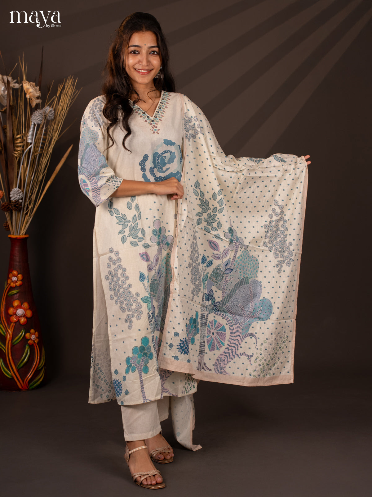 Cream Cotton 3Pc Salwar Suit With Floral Print - Top , Bottom & Dupatta