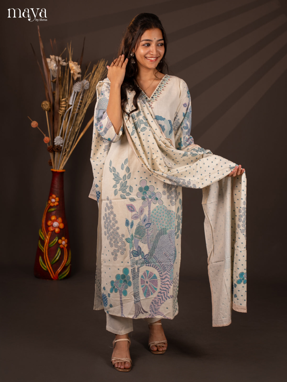 Cream Cotton 3Pc Salwar Suit With Floral Print - Top , Bottom & Dupatta