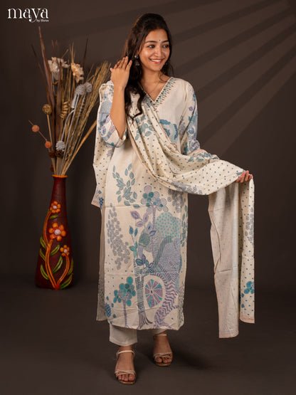 Cream Cotton 3Pc Salwar Suit With Floral Print - Top , Bottom & Dupatta