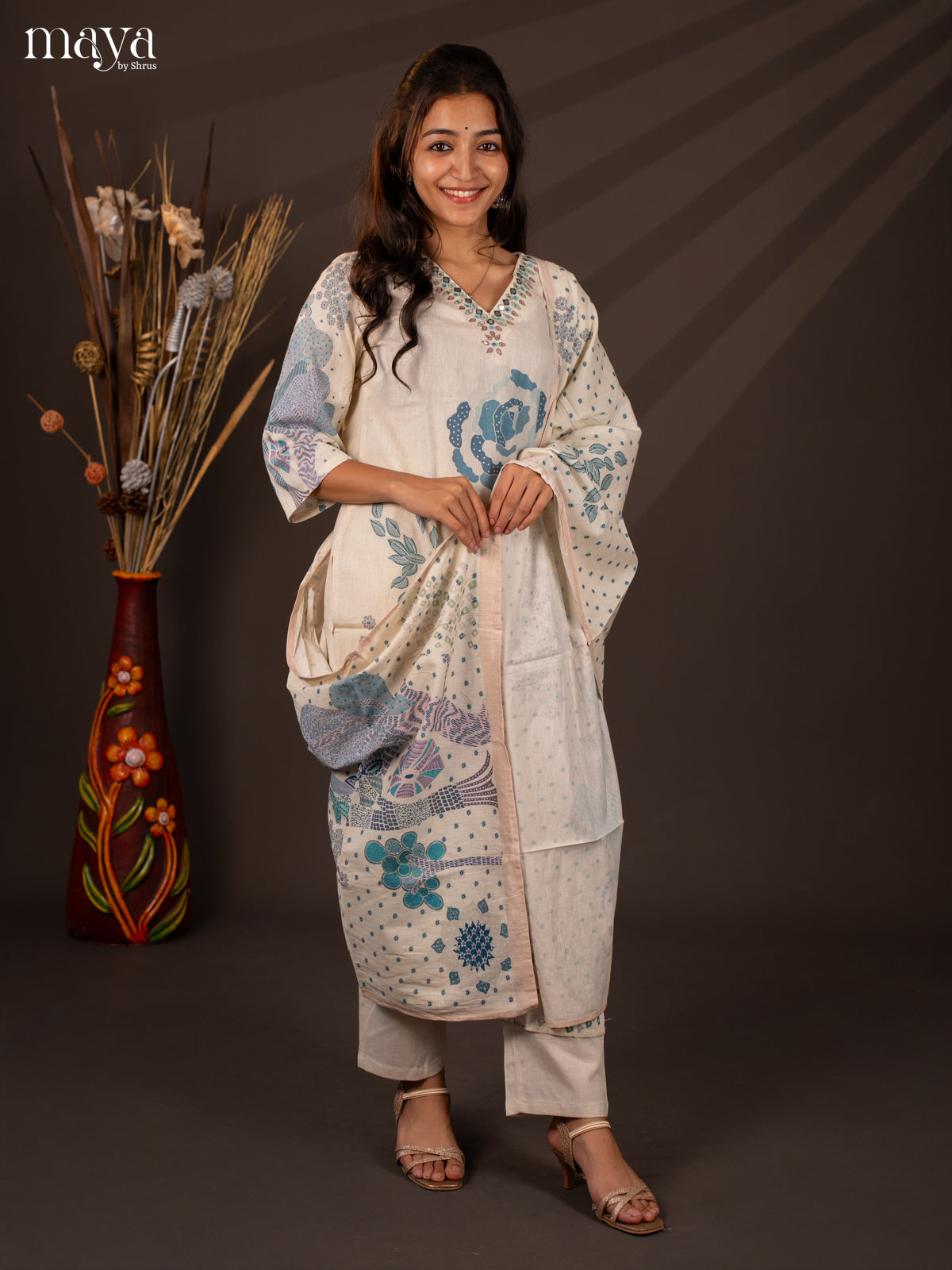 Cream Cotton 3Pc Salwar Suit With Floral Print - Top , Bottom & Dupatta