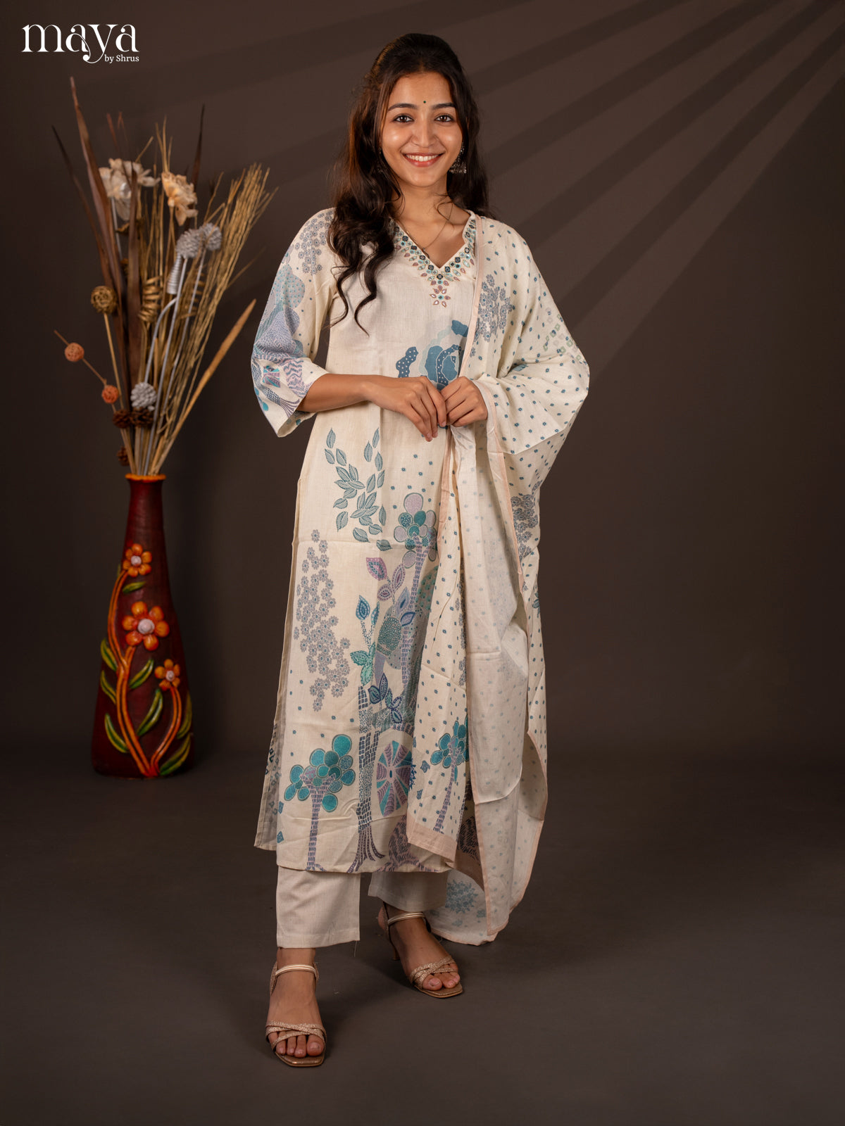 Cream Cotton 3Pc Salwar Suit With Floral Print - Top , Bottom & Dupatta
