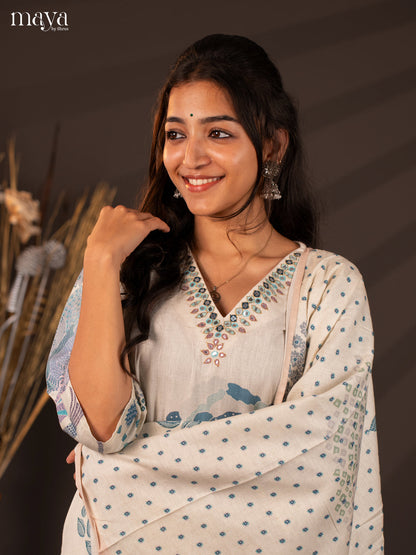 Cream Cotton 3Pc Salwar Suit With Floral Print - Top , Bottom & Dupatta
