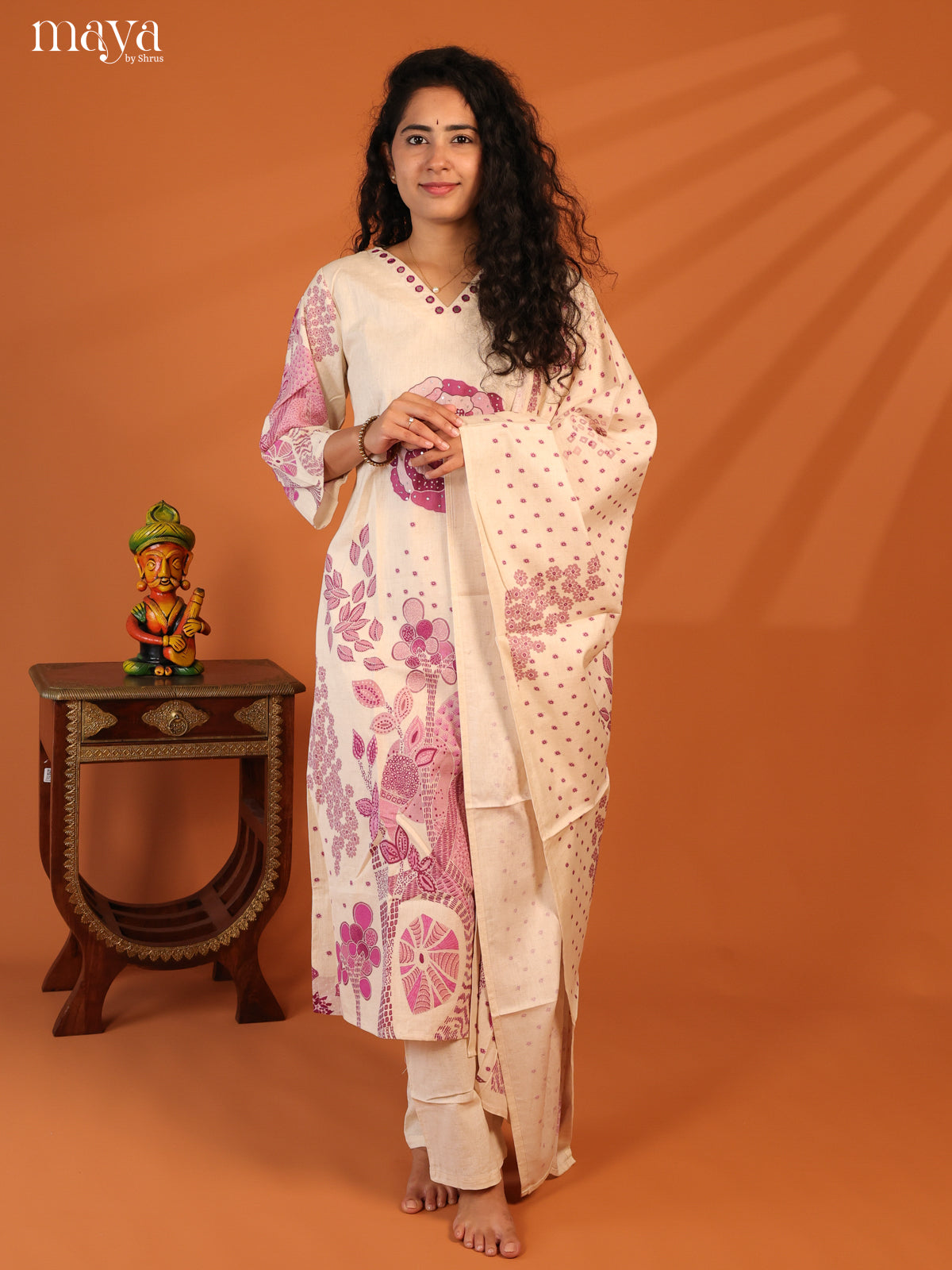 Cream Cotton 3Pc Salwar Suit With Floral Print - Top , Bottom & Dupatta