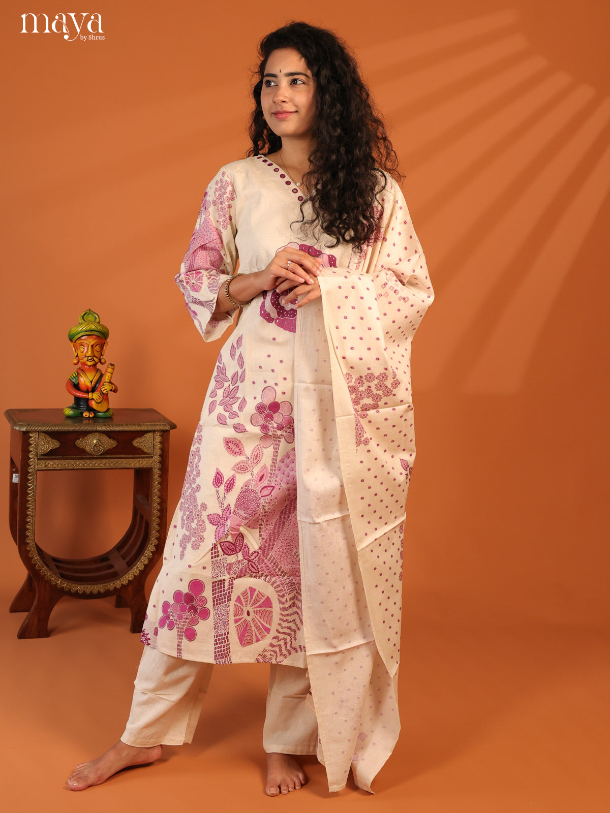 Cream Cotton 3Pc Salwar Suit With Floral Print - Top , Bottom & Dupatta