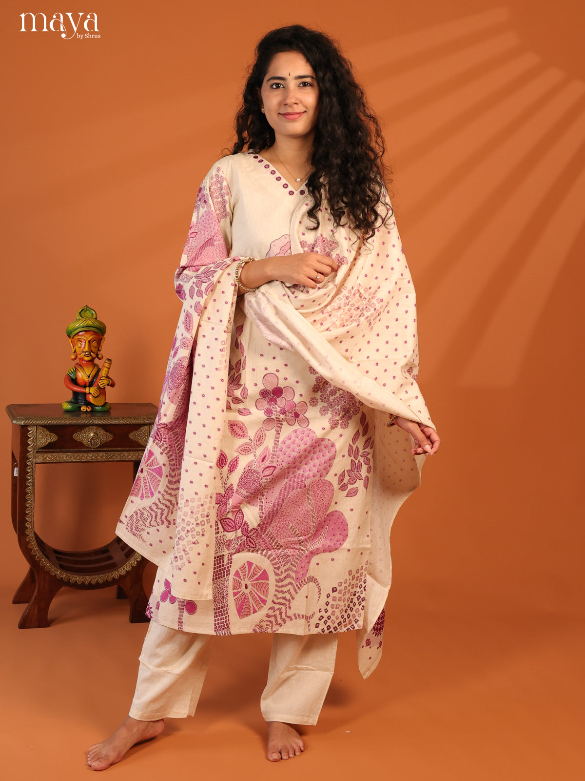 Cream Cotton 3Pc Salwar Suit With Floral Print - Top , Bottom & Dupatta