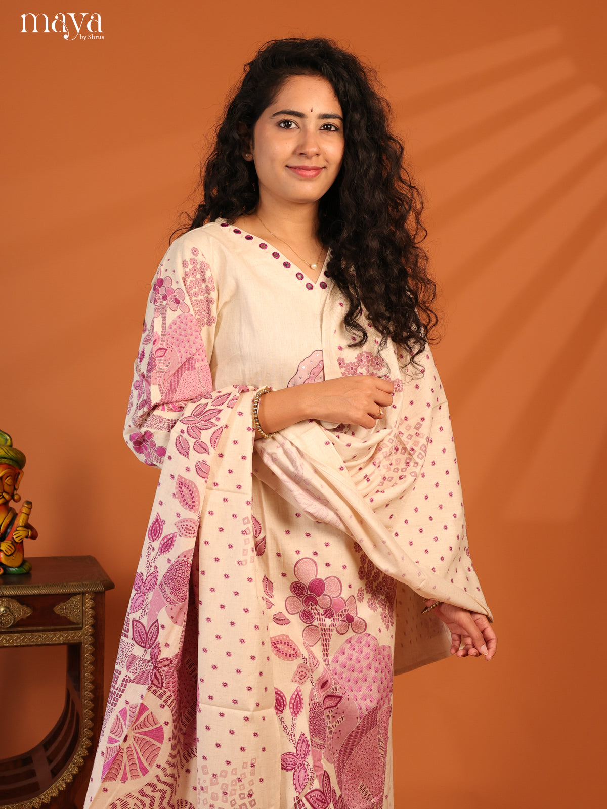 Cream Cotton 3Pc Salwar Suit With Floral Print - Top , Bottom & Dupatta