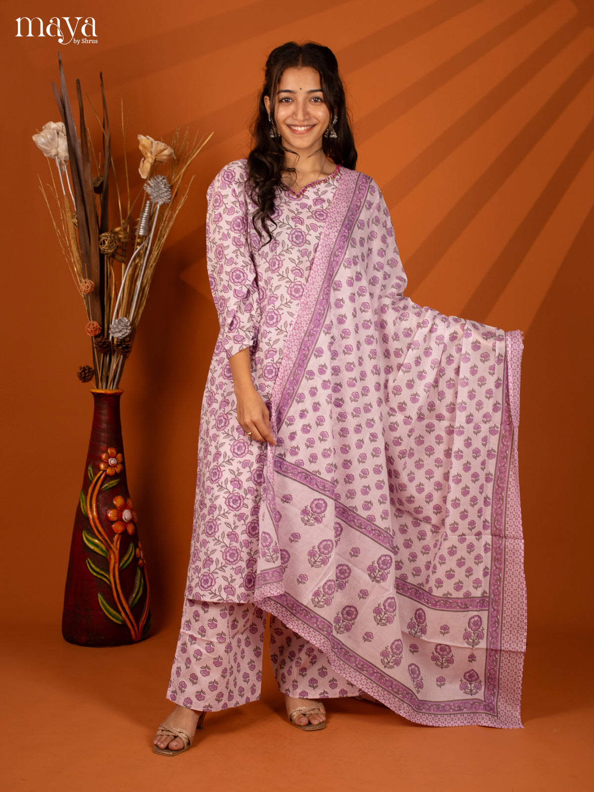 Lavender Cotton 3Pc Salwar Suit With Floral Print - Top, Bottom & Dupatta