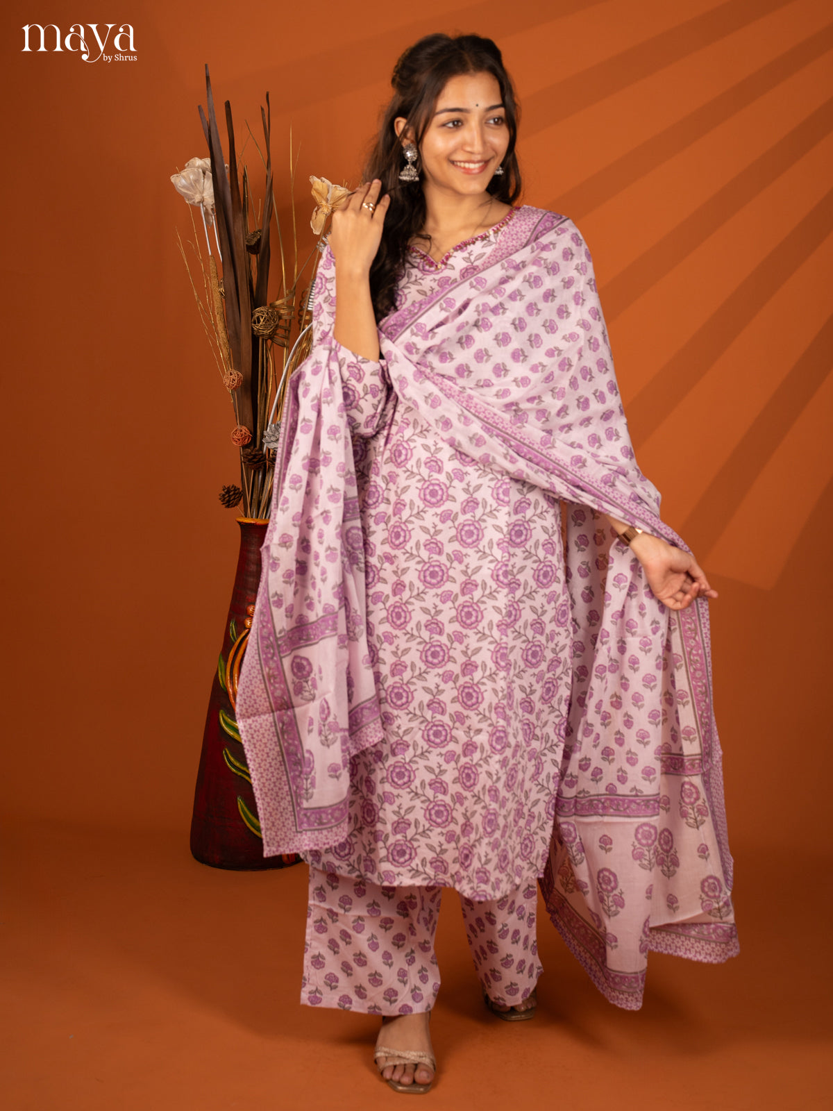 Lavender Cotton 3Pc Salwar Suit With Floral Print - Top, Bottom & Dupatta