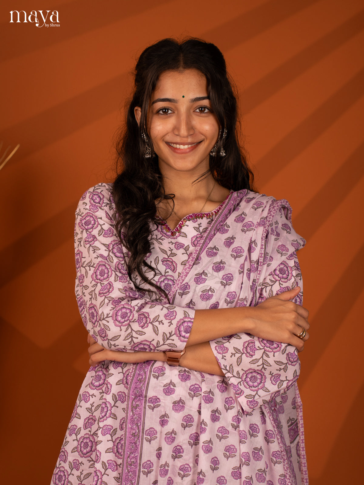Lavender Cotton 3Pc Salwar Suit With Floral Print - Top, Bottom & Dupatta