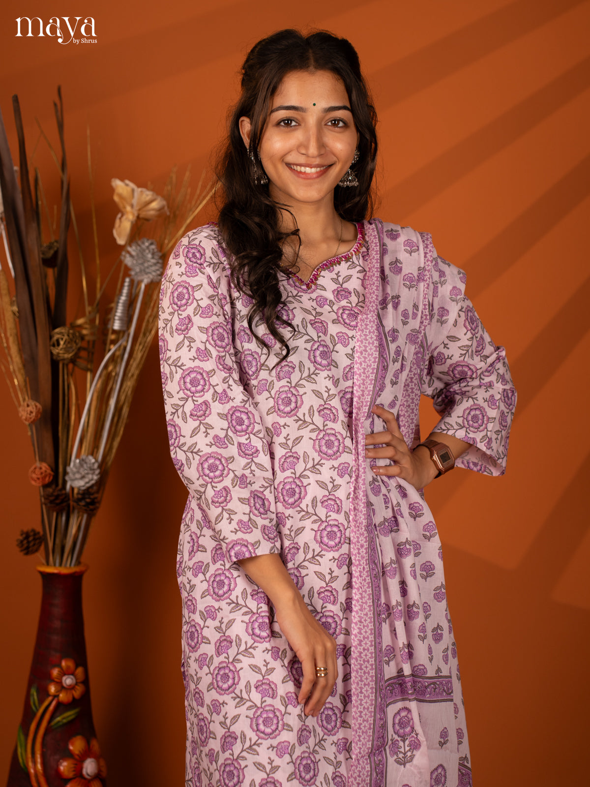 Lavender Cotton 3Pc Salwar Suit With Floral Print - Top, Bottom & Dupatta