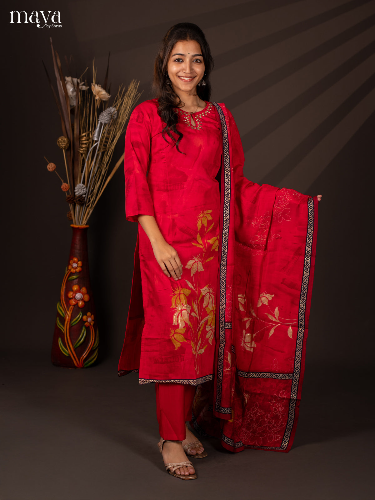 Pink Rayon 3Pc Salwar Suit With Floral Print - Top,Bottom & Dupatta